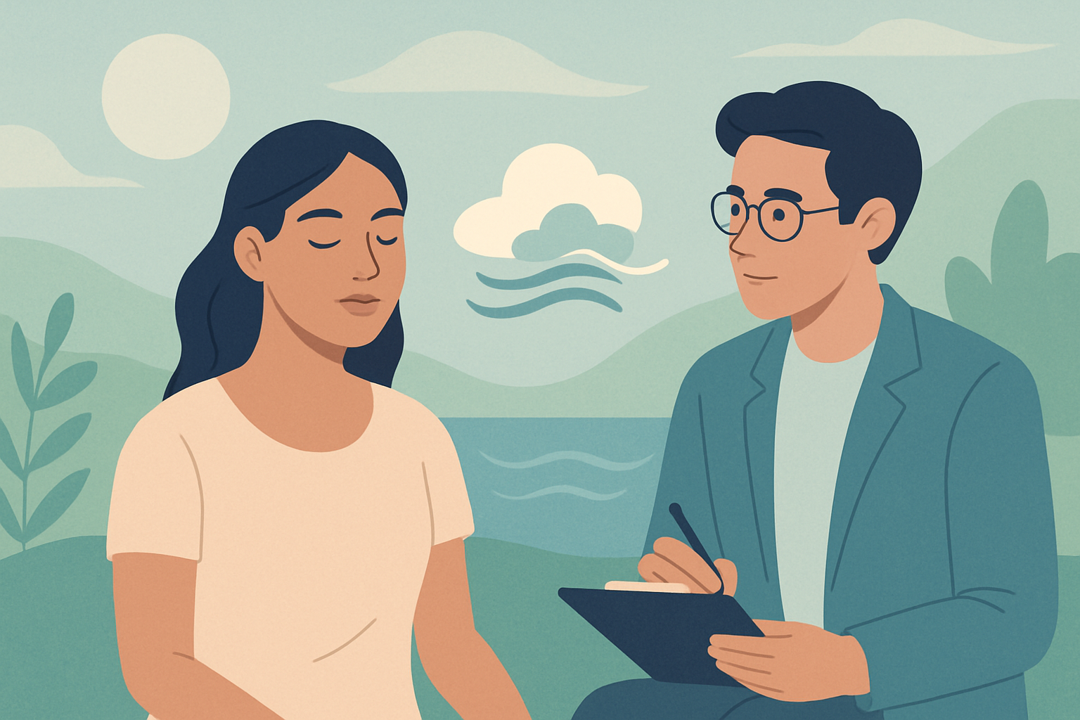 Therapeutin im Gespräch mit Patient, symbolisiert kognitive Verhaltenstherapie bei Panikattacken